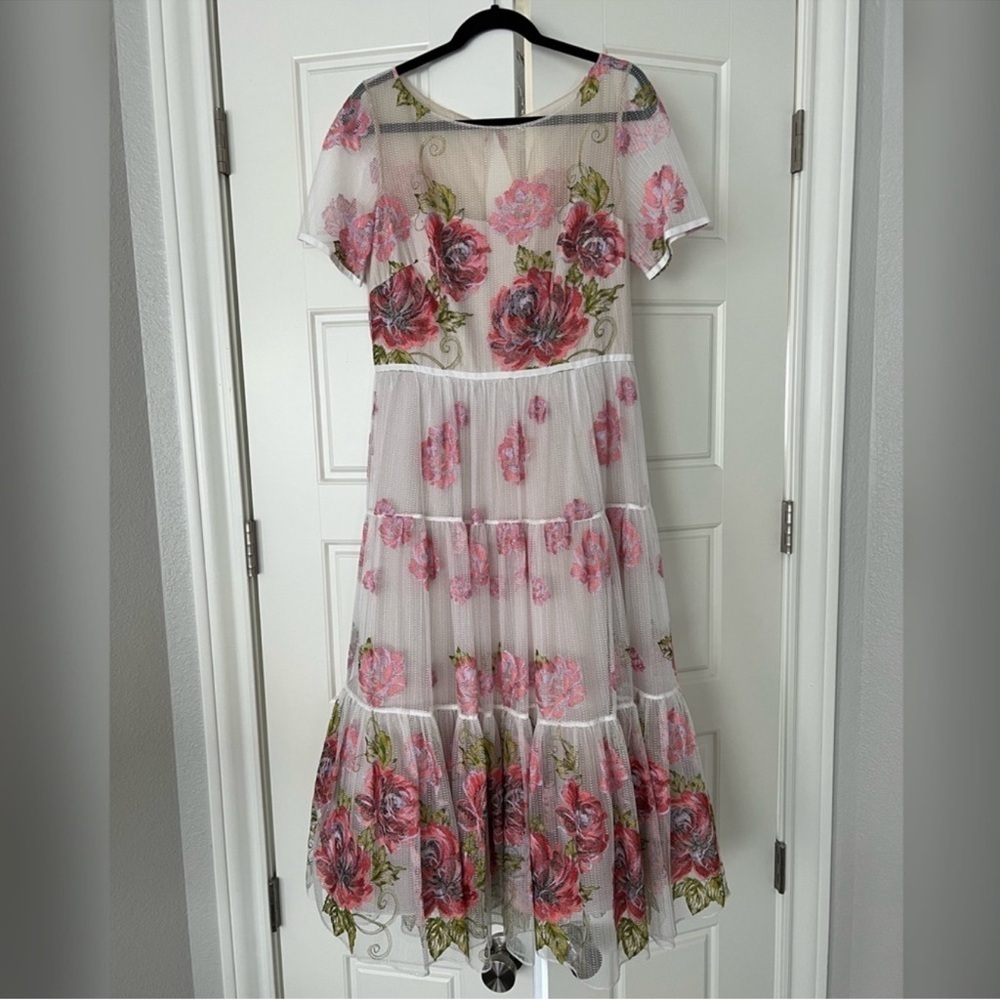 Marchesa Notte Tiered Embroidered Tulle Midi Dress - Picture 4 of 12